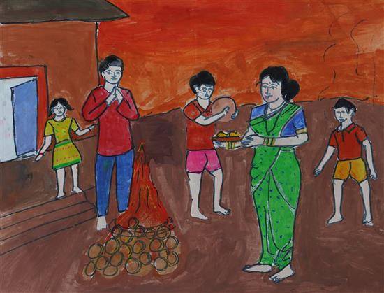 Family celebrating Holika dahan Painting by Avinash Keram