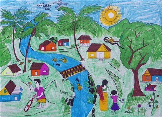 Indian Village scenery drawing Oil Pastel | Indian village life scenery  drawing| nature Scenery draw - YouTube