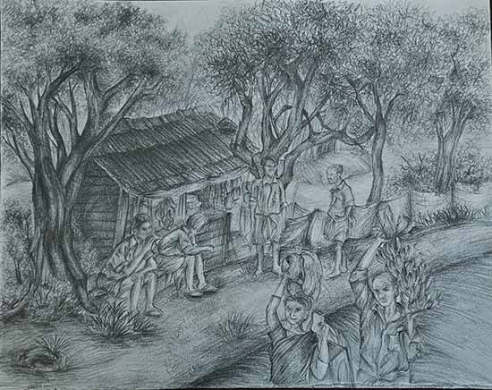 Step #2 Scenery Drawing: Easy Village Scene Drawing Step by Step(village...  | Nature drawing for kids, Art drawings for kids, Oil pastel drawings easy
