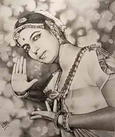 Moonlit Elegance: Rukmani Devi's Bharatanatyam Grace, painting by Ajem Toham