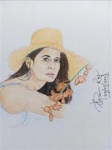 Painting by Supam Roy - Lady wearing hat Painting by Supam Roy - Lady wearing hat
