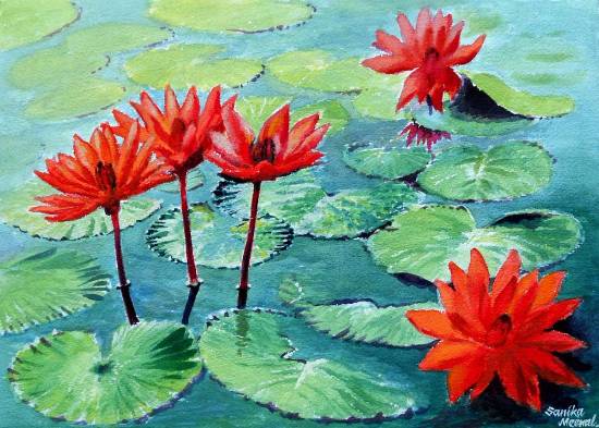 Lotus Pond, Painting by Professional Artist Sanika Dhanorkar