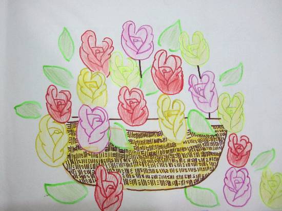 Premium Vector | Wicker basket decorated with leaves and flowers hand drawn  doodle style