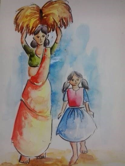 Woman with girl, painting by Krisha Amish Shah