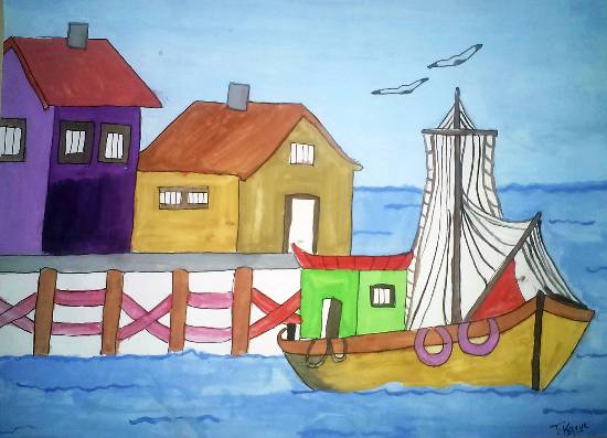 Painting  by Tanmay Sameer Karve - Ship on Harbour