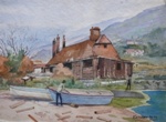 River side mill, Lake, River & Seascape Painting by M. K. Kelkar, Watercolour on Paper, 14 X 20