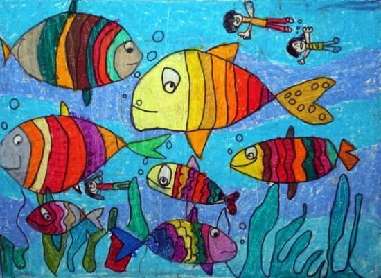 Painting by Kavya Dharmin Shah - Fishes in a river