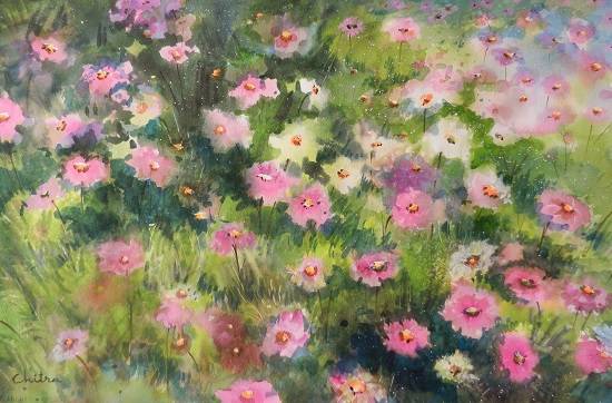 Painting by Chitra Vaidya - Cosmos Flowers - 2