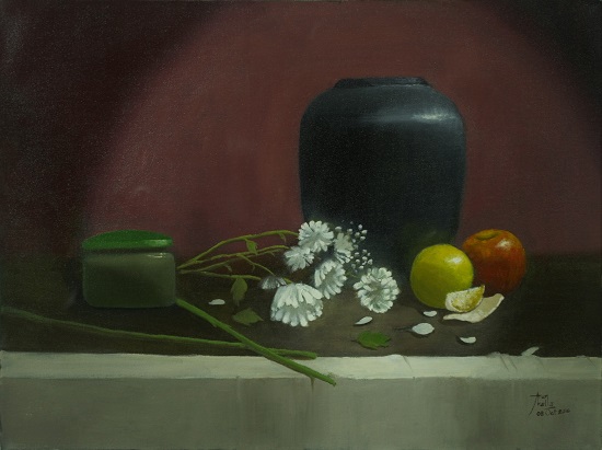 Painting by Arun Akella - Still Life with Jar, Fruit and Flowers