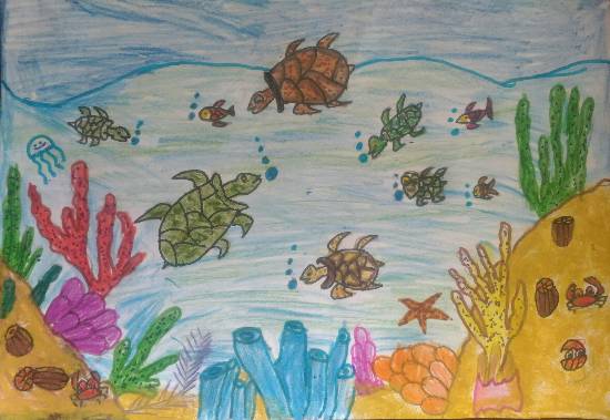 Painting by Hanshal Banawar - Turtles in the ocean