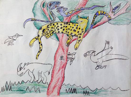 Painting by Siddharth Basuray - Leopard on tree